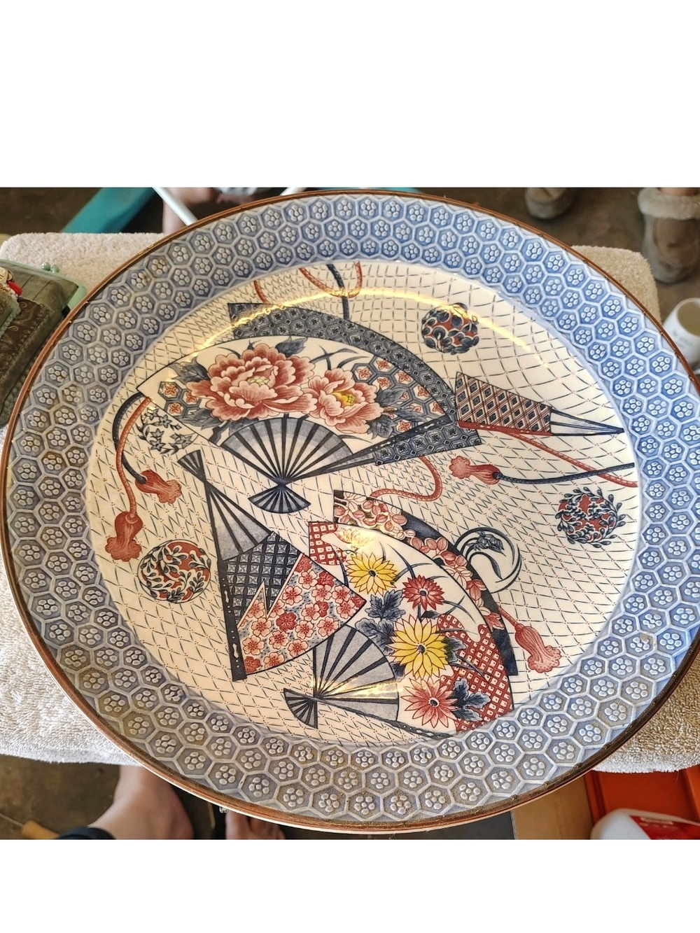 Decorative Floral Fan Ceramic Charger - Blue, Red, Yellow